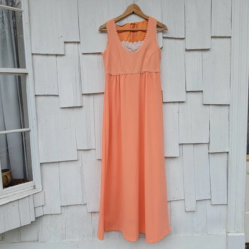 Vintage 70s JC Penney Fashions‎ Peach Sleeveless Maxi Dress 12